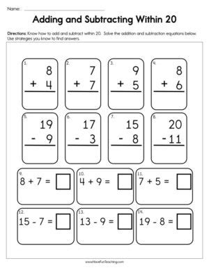 adding within 20 worksheet|adding and subtracting within 20.